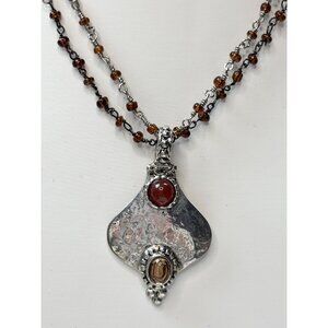 Handcrafted Sterling Silver Pendant Necklace With Amber Bead Chain & Carnelian G